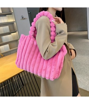 2024 New Women's Plush Korean Fashion Solid Color Large Capacity Tote Handbag Simple Shoulder Bag