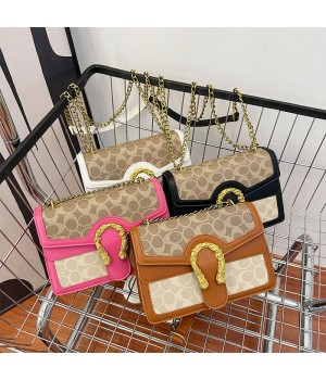 New Korean Fashion Portable Women's Small Square Bag Vintage Style Zipper PU Autumn Casual Foreign Print Shoulder Chain Bag