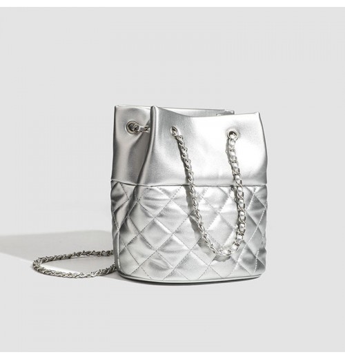 2024 New Premium Texture Glossy Single Shoulder Crossbody Bag Lattice Chain Bucket Bag Women